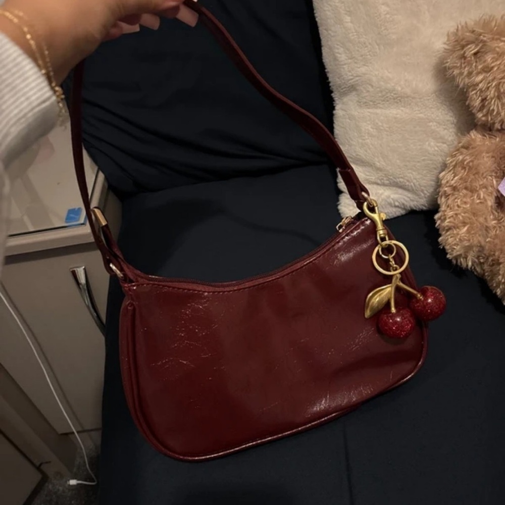 Chic Burgundy Shoulder Bag with Cherry Charm